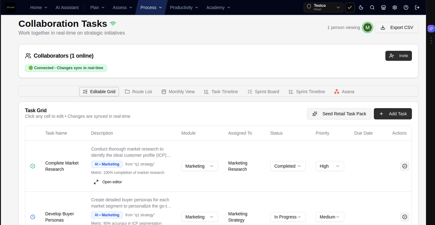 PlanAI collaboration task grid with live presence and assignments