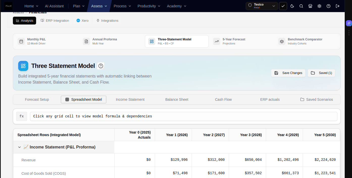 PlanAI integrated three-statement financial model